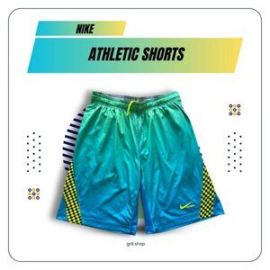 Nike Mens Dri-Fit Lacrosse Athletic Shorts L Blue & Neon Yellow Gradient Checker